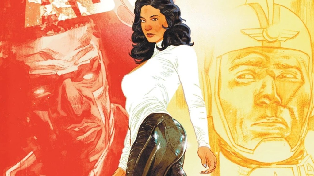 Alanna Strange standing in front of Mister Terrific and Adam Strange