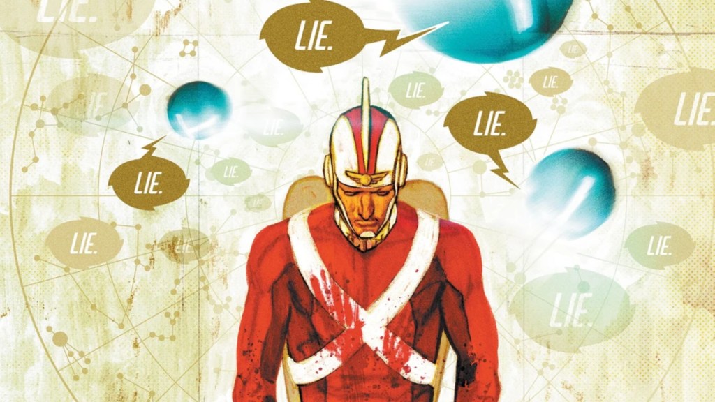Adam Strange kneeling with blood on his chest, surrounded by T-spheres telling him he's lying