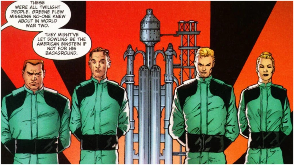Jacob Green, Randall Dowling, William Leather, and Kim Suskind standing in front of their rocket