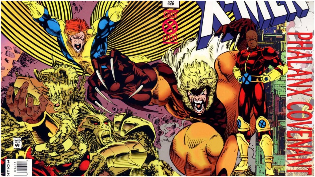 Sabretooth and Banshee fighting a Phalanx drone with synch standing by the story logo