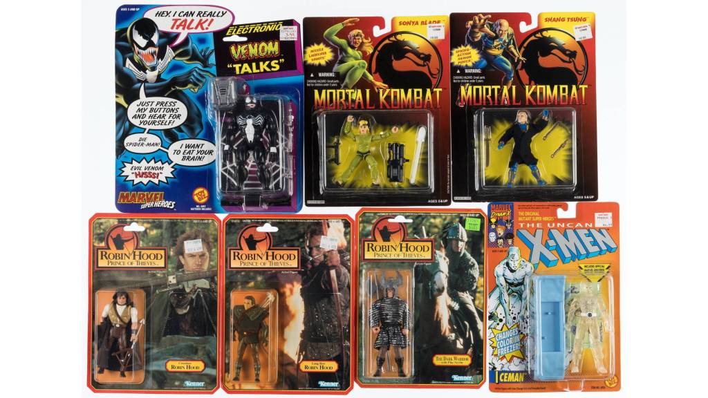 Vintage action figures from various 1990s franchises. 