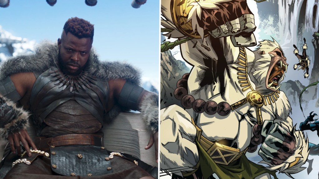 Split image of M'Baku in the MCU and in Marvel Comics