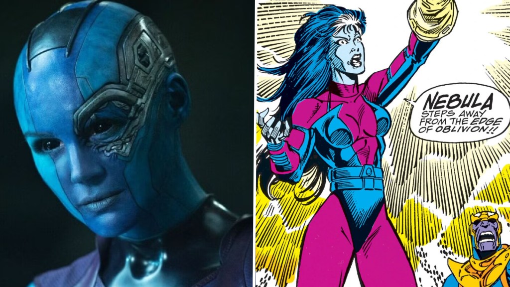 Split image of Nebula in the MCU and in Marvel Comics