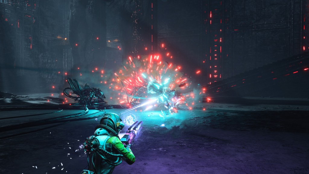 Selene combating enemies in Returnal