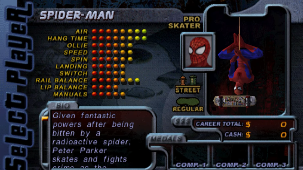 Spider-Man in skater select screen in Tony Hawk's Pro Skater 2