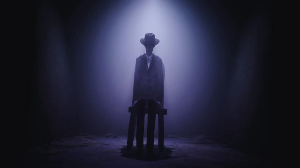 The Thin Man sitting in a chair in Little Nightmares II
